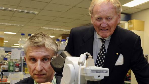 Ron Walker with Prof Grant McArthur at the Peter MacCallum Cancer Centre, East Melbourne. Source: News Limited