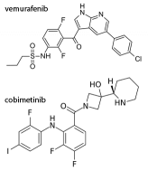 Chemical structures of vemurafenib (top) and cobimetinib (bottom) - See more at: http://www.cancernetwork.com/asco-2015-melanoma/updated-data-targeted-therapy-combination-confirm-benefit-melanoma#sthash.Gpryj6Kx.3goue4rk.dpuf